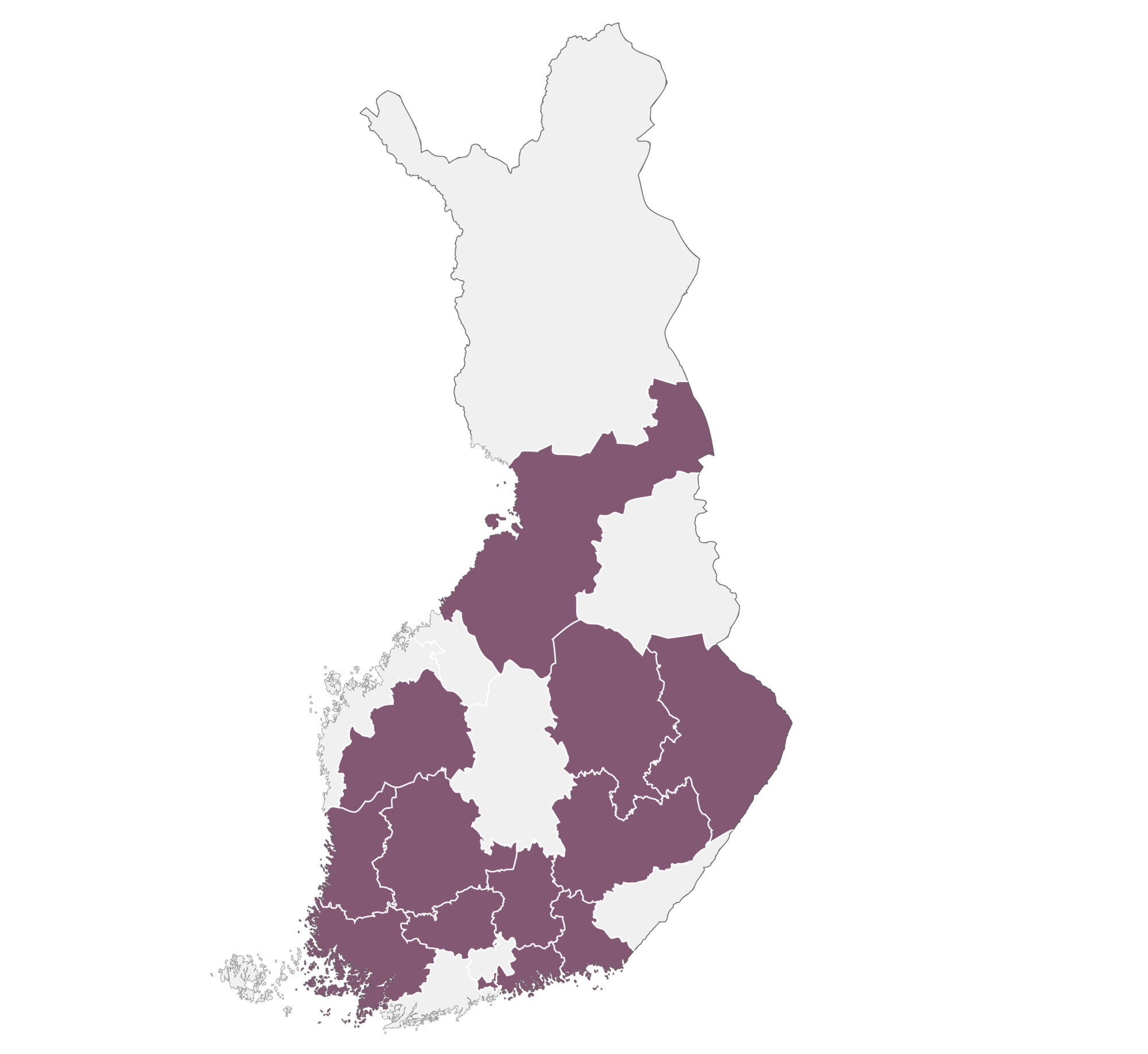 Suomen kartta, jossa korostettu joitain maakuntia lilalla värillä.