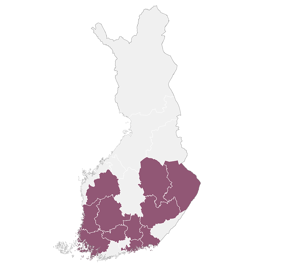 Suomen kartta, jossa on korostettu luumunvärisellä Temporen alueet.